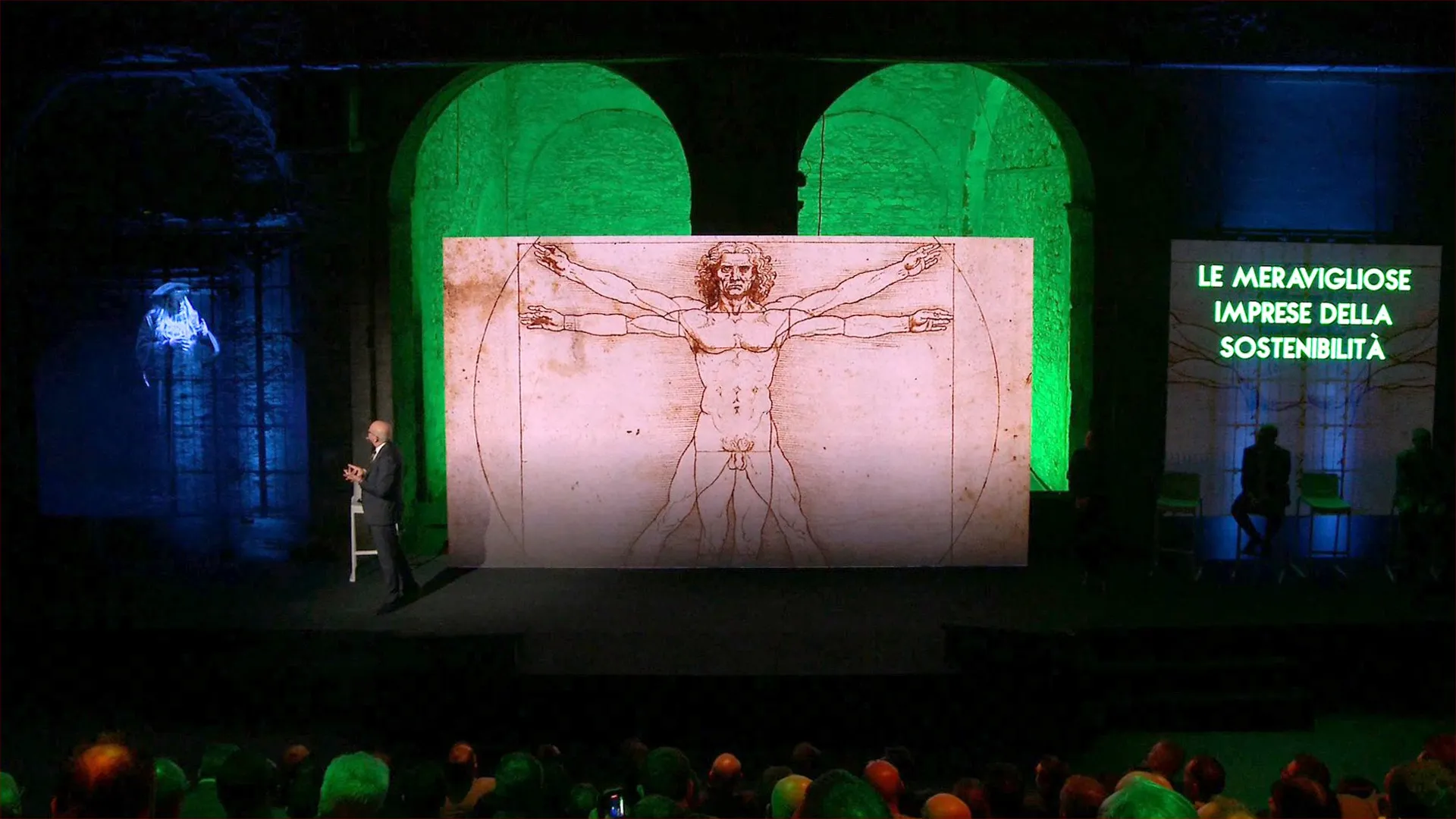 Allestimento scenico di una convention con ledwall trasparenti e ologramma in tempo reale